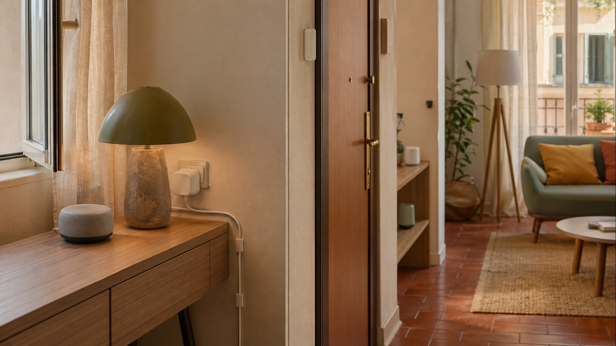 A small rented apartment nook with renter-friendly smart-home gadgets.