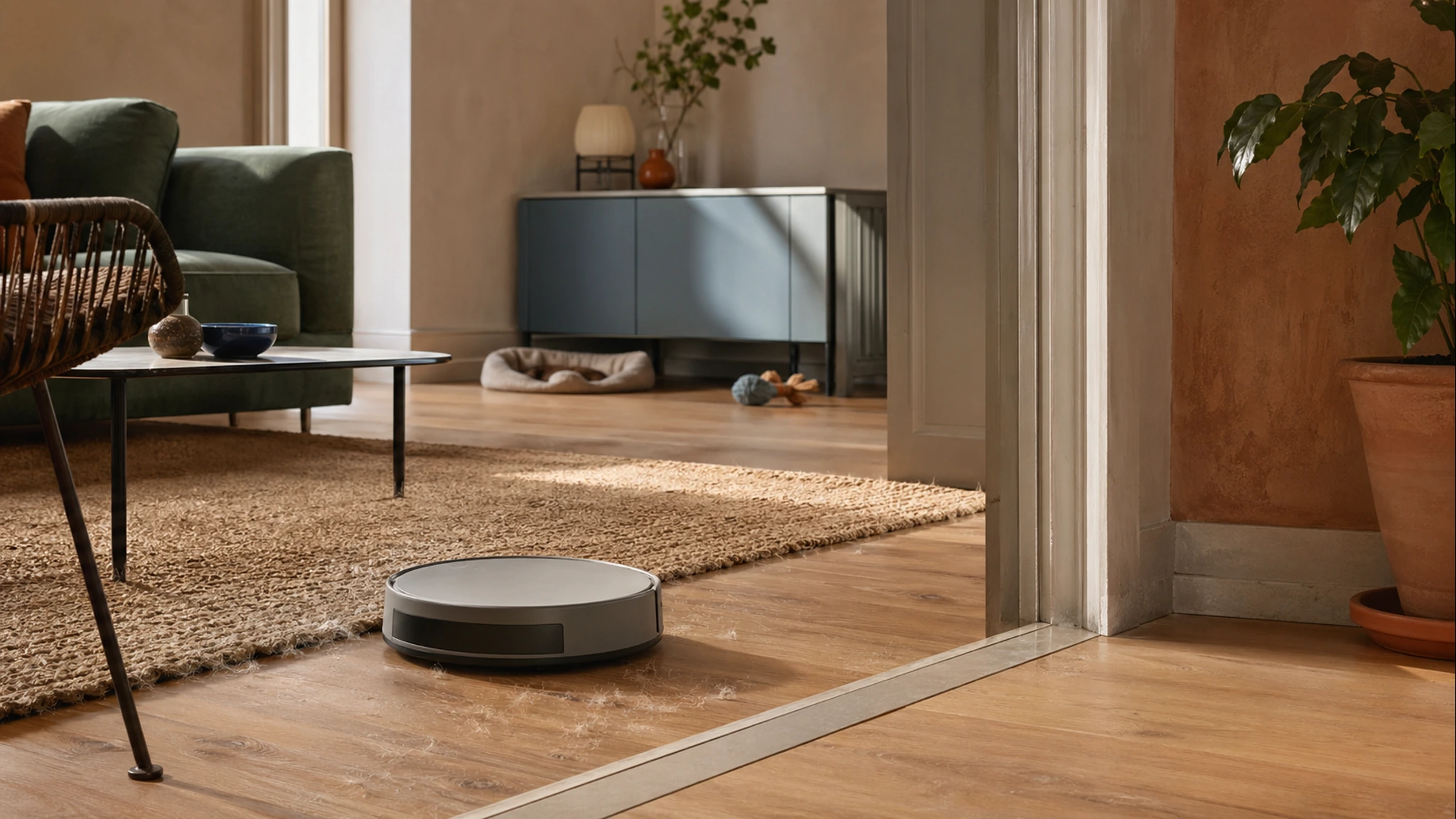 A warm living room scene with a generic robot vacuum near a rug and pet-home clutter.