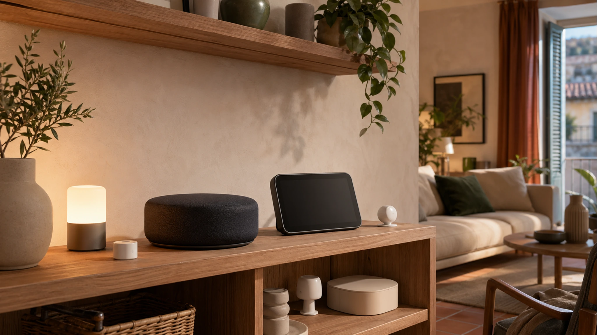 A warm living room shelf with generic smart-home hub devices.