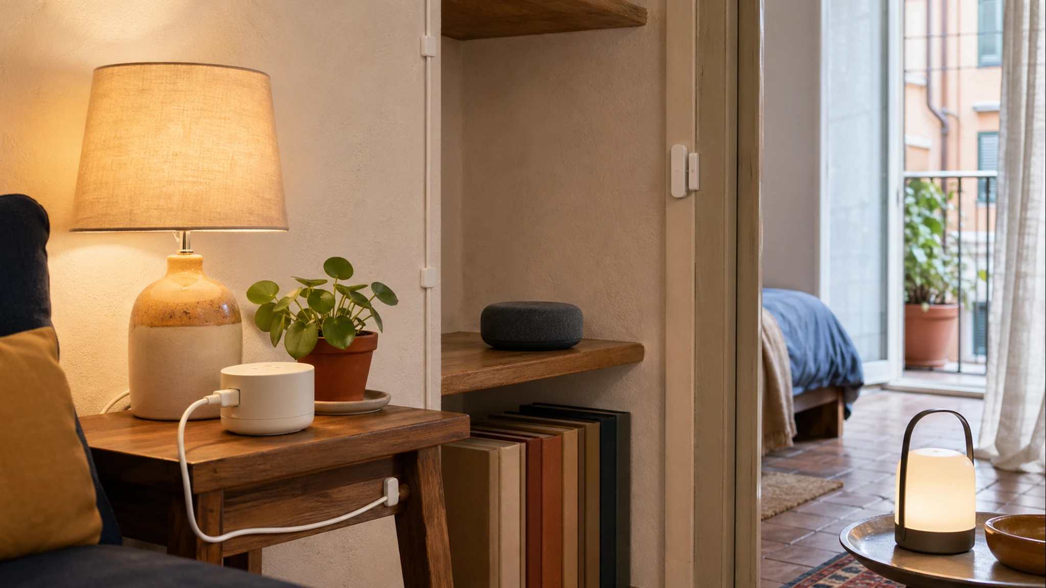 A compact Italian rental apartment with renter-friendly smart-home devices and warm natural light.