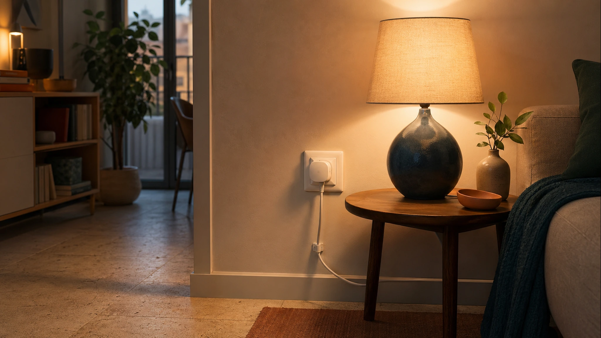 A warm apartment corner with a generic smart plug controlling a lamp.