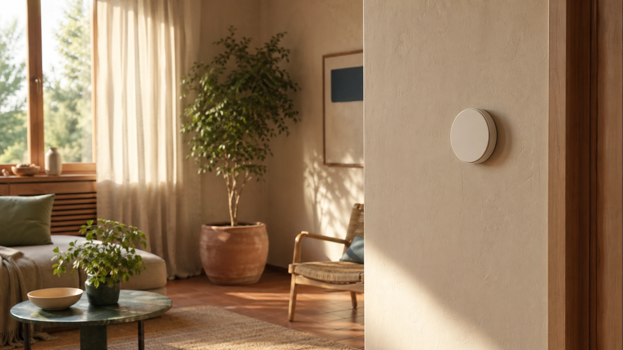 A calm living room wall with a generic smart thermostat.