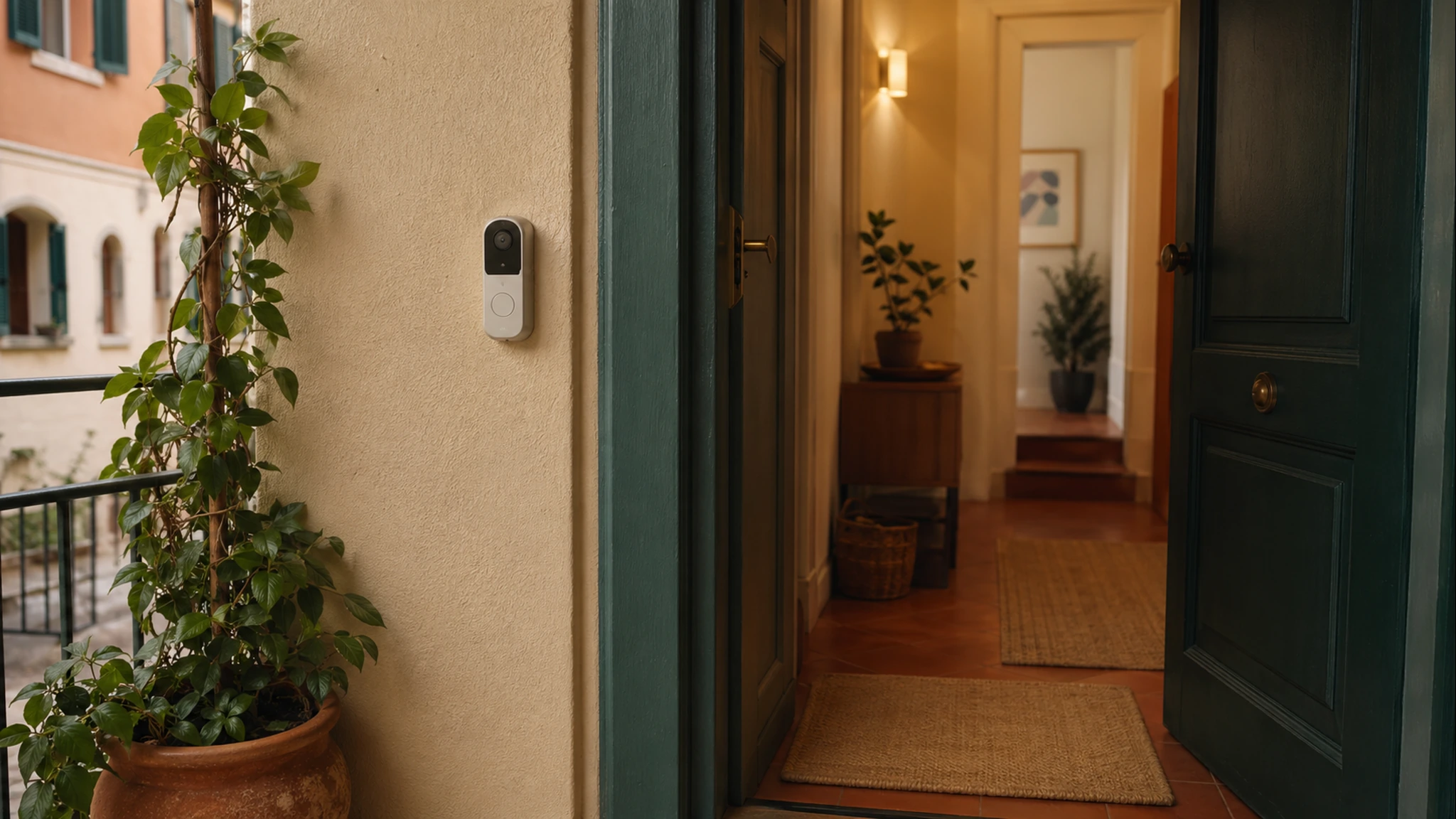 A compact apartment doorway with a generic video doorbell.